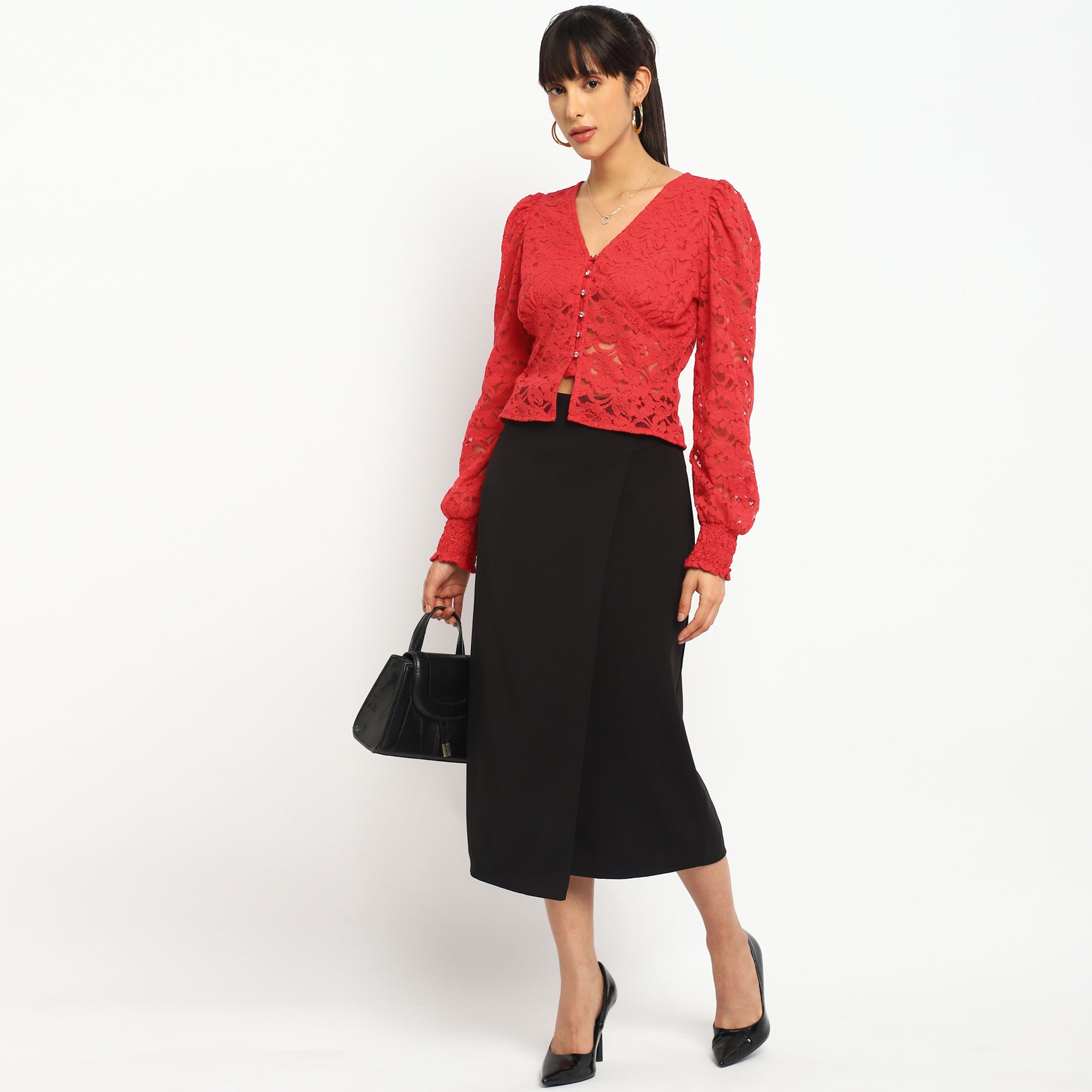 Red Lace Button-Down Blouse